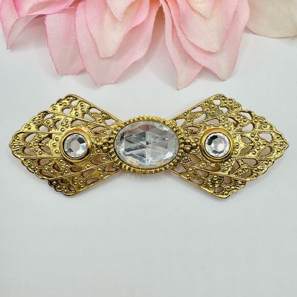 Vintage 1928 Victorian Revival Bow Brooch Openwork Gold Tone Romantic Lace Girly - Picture 3 of 9